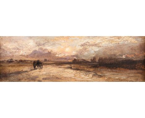   JAMES WEBB  um 1825 - 1895, tätig in London    Abendliche Landschaft     Öl auf festen Malkarton. 9 x 25,5 cm (R. 20,5 x 37