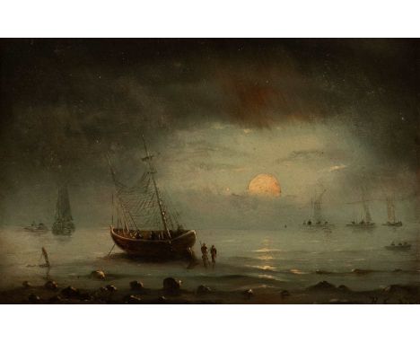   HENRIETTE HERMINIE GUDIN (ATTR.)  1825 - 1876    Vollmond über dem Meer     Öl auf Holz. 14 x 21,5 cm (R. 28 x 35,5 cm). Be