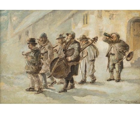   JOSEF KERNSTOCK  um 1912    Lustige Musikkapelle     Öl auf Holz. 23,5 x 35 cm (R. 36,5 x 48 cm). Signiert und datiert unte