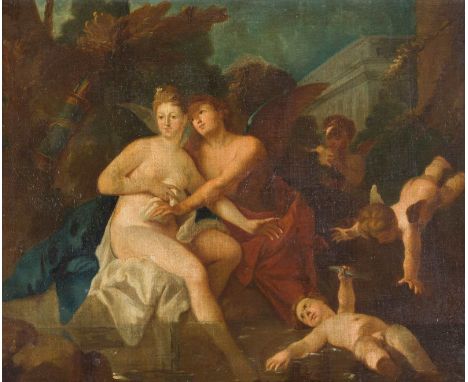   FRANZÖSISCH/FLÄMISCHE SCHULE  Meister, tätig 18. Jh.    VENUS UND CUPIDO     Öl auf Leinwand (altdoubl.). 52,5 x 64 cm (R. 