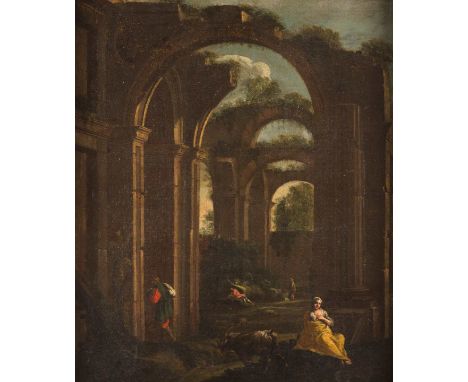   ITALIENISCHER MEISTER  Tätig, um 1700.    RUINEN-CAPRICCIO MIT FIGURENSTRAFFAGE     Öl auf Leinwand (doubl.). 88 x 72 cm (R