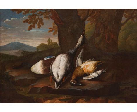   ITALIENISCH/SPANISCHE SCHULE  Meister, tätig 1. Hälfte 18. Jh.    JAGDSTÜCK MIT ENTEN IN BAUMBESTANDENER WEITEN LANDSCHAFT 