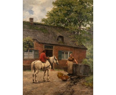   HENRI HOUBEN  1858 Antwerpen - 1931 ebenda    Ein Gespräch am Brunnen     Öl auf Leinwand. 113 x 86 cm (R. 125 x 97 cm). Si