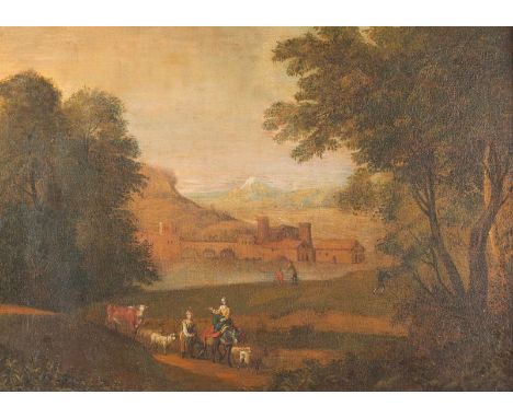   BAMBOCCIANTI-SCHULE  Meister, tätig um 1700.    REISENDE VOR EINER STADTANLAGE IN DER CAMPAGNA     Öl auf Leinwand (doubl.)