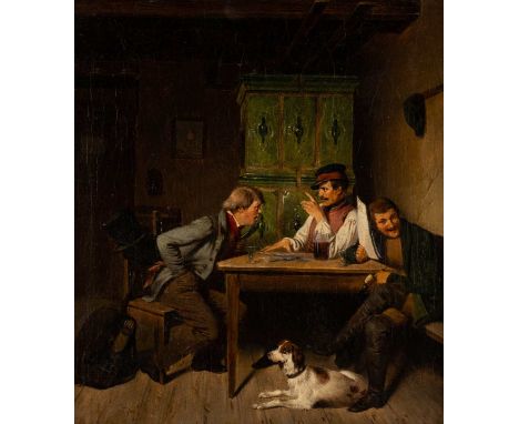   DEUTSCH  1. H. 19. Jh.    Im Gasthaus     Öl auf Leinwand. 30 x 27 cm (R. 34,5 x 31,5 cm). Rest. Rahmen.        GERMAN  1st