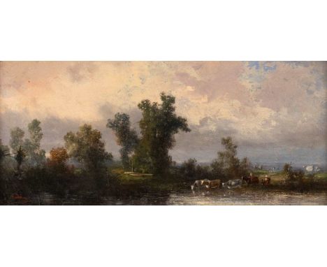   ALEXANDRE DEFAUX  1826 Bercy (Paris) - 1900 Paris    Flusslandschaft     Öl auf festen Malkarton. 13,5 x 29,5 cm (R. 19 x 3