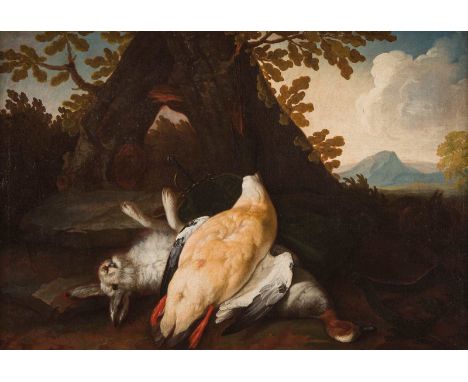   ITALIENISCH/SPANISCHE SCHULE  Meister, tätig 1. Hälfte 18. Jh.     JAGDSTÜCK MIT HASEN UND ENTE IN BAUMBESTANDENER WEITEN L