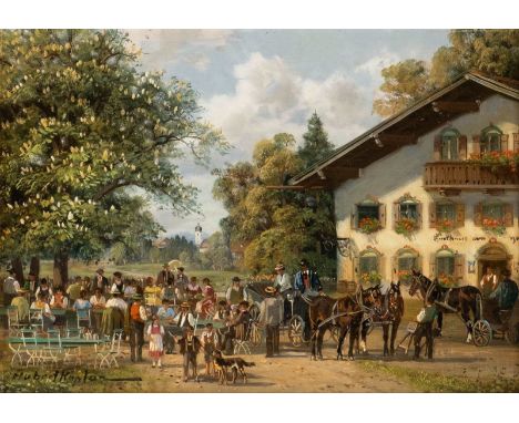   HUBERT KAPLAN  ('FRANZ MARK')  1940 München    Im Biergarten     Öl auf Leinwand (?) auf Holz. 13 x 18 cm (R. 29 x 34 cm). 