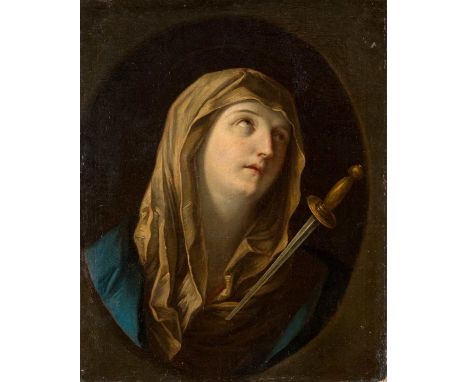   ITALIENISCHER MEISTER  Tätig, Mitte 17. Jh.    MATER DOLOROSA     Öl auf Leinwand (altdoubl.). 59,5 x 48 cm. Part. min. alt