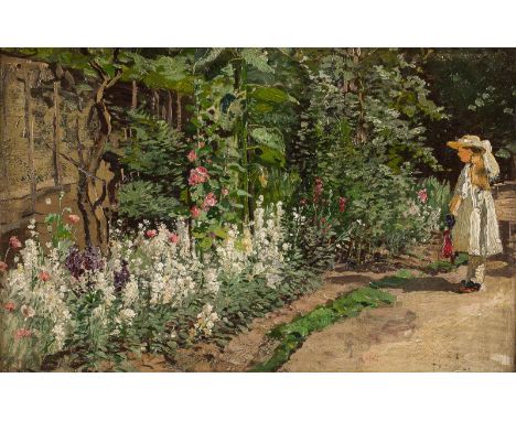   HUGO MÜHLIG  1854 Dresden - 1929 Düsseldorf    Mädchen im Klostergarten     Öl auf Holz. 32 x 48 cm (R. 47 x 64 cm). Signie