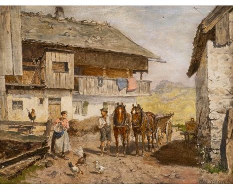   ROBERT SCHLEICH  1845 München - 1934 ebenda    Auf dem Bauernhof     Öl auf Holz. 13,5 x 17,5 cm (R. 29,5 x 33,5 cm). Signi