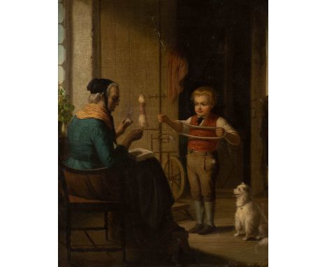   MONOGRAMMIST 'CA'  um 1872    Großmutter und Enkel am Spinnrad     Öl auf Leinwand (maroufl.). 52,5 x 42 cm (R. 65 x 55 cm)