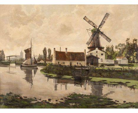   NIEDERLÄNDISCH  1. H. 20. Jh.    Mühle bei Dokkum, Nordholland     Öl auf Leinwand. 60 x 80 cm (R. 78 x 98 cm). Schwer lese