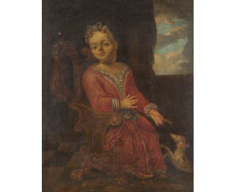   DEUTSCHER PORTRAITIST  Tätig, 1. Hälfte 18. Jh.    MÄDCHENBILDNIS MIT HUND     Öl auf Leinwand (altdoubl.). 78 x 63 cm (R. 