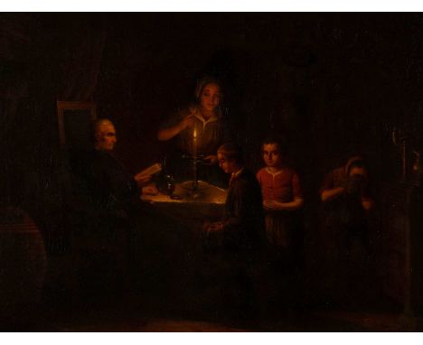   GUILLAUME SOMERS  1819 - ?    Gesellschaft bei Kerzenschein     Öl auf Holz. 50 x 65 cm (R. 79 x 94 cm). Signiert und datie