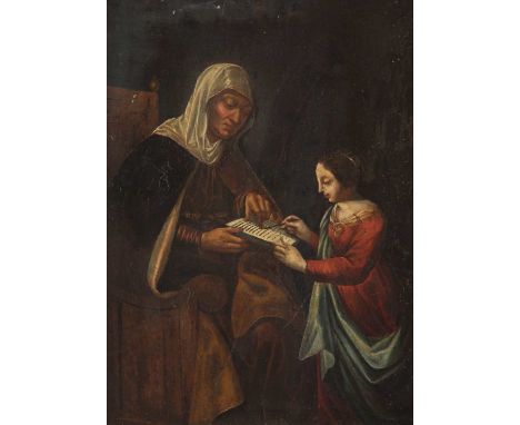   FLÄMISCHE SCHULE  Meister, tätig im 17. Jh.    ANNA LEHRT MARIA DAS LESEN     Öl auf Eichenholztafel. 66 x 48 cm (R. 81 x 6