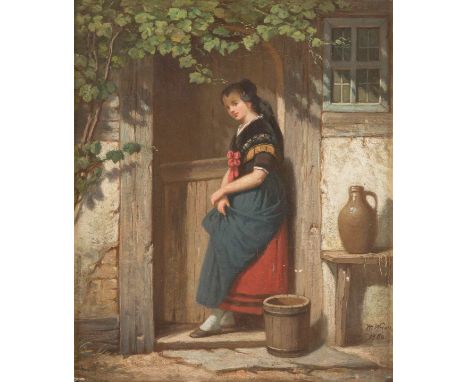   HERMANN WERNER  1816 Samswegen - 1905 Düsseldorf    Mädchen unter Weinranken     Öl auf Leinwand. 34 x 29,5 cm (R. 50 x 44 