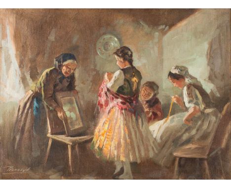   ANTAL PÉCZELY  1891 Budapest - 1963    Ungarische Mädchen bei der Anprobe     Öl auf Leinwand. 59,5 x 80 cm (R. 78,5 x 98 c