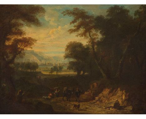   NIEDERLÄNDISCH/FLÄMISCHE SCHULE  Meister, tätig um 1700.    WALDLANDSCHAFT MIT REISENDEN: IM BILDHINTERGRUND EINE STADT AM 