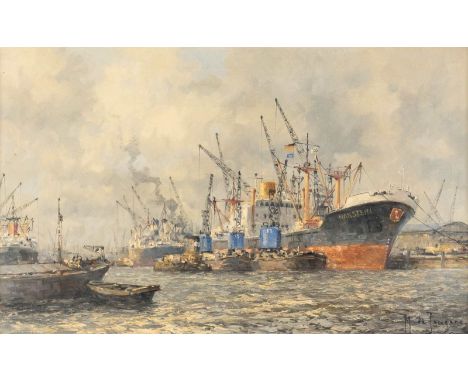   MARINUS JOHANNES DE JONGERE  1912 - 1978    Schiffsarbeiten im Hafen     Öl auf Leinwand. 50 x 80 cm (R. 67 x 97 cm). Signi