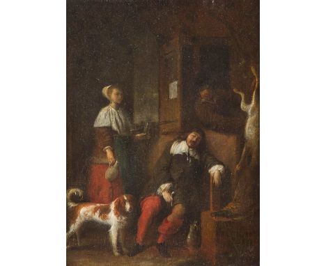   JAN VERKOLJE  1650 Amsterdam - 1693 Delft    DER EINGESCHLAFENE JÄGER     Öl auf Hartholztafel (parkettiert). 22,5 x 17 cm 