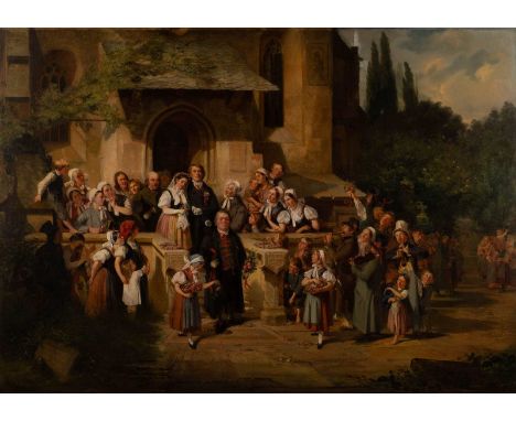   JULIUS SCHOLTZ  1825 Breslau - 1893 Dresden    Hochzeit auf dem Lande     Öl auf Leinwand (wachsdoubl.). 99,5 x 140 cm (R. 