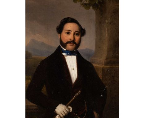   AUGUST ANTON TISCHBEIN  1805 Rostock - c. 1867    Selbstbildnis (?) des Künstlers vor italienischer Landschaft     Öl auf P