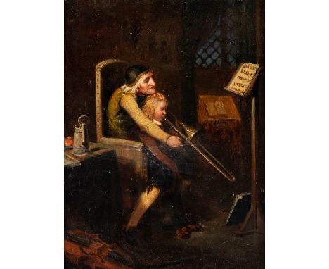   DEUTSCH  Mitte 19. Jh.    Die Posaunenstunde     Öl auf Platte (?). SM 16 x 12,5 cm (R. 20 x 16,5 cm). Part. besch., rest. 