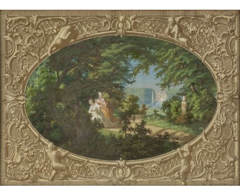   F. BORGWARDT  Tätig 2. Hälfte 19. Jh.    VERSTECKSPIEL IM PARK     Gouache auf Papier. SM 41,5 x 57 cm (R. 54 x 71 cm). Sei