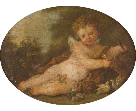   FRANCOIS BOUCHER (UMKREIS)  1703 Paris - 1770 Ebenda    LIEGENDER AMOR MIT PFEIL UND BOGEN SOWIE ZWEI TURTELTAUBEN     Öl a