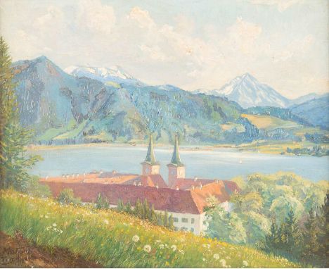   DEUTSCH  Anfang 20. Jh.    Blick auf Kloster Tegernsee     Öl auf Leinwand. 33,5 x 41 cm (R. 42 x 49,5 cm). Schwer leserlic