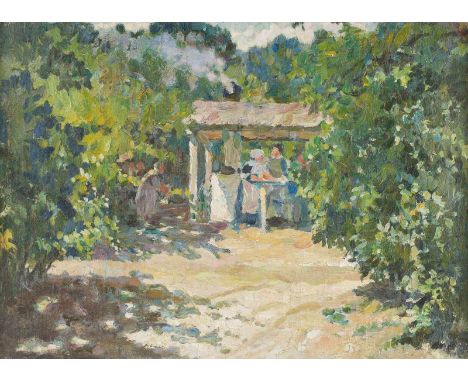   FRANZÖSISCH  2. H. 19. Jh.    Gesellschaft im Grünen     Öl auf Leinwand. 43 x 58 cm (R. 48,5 x 63,5 cm). Min. besch, rest.