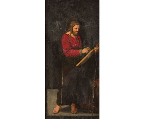   DEUTSCHER MEISTER  Tätig, 1. Hälfte 16. Jh.    HEILIGER LUKAS     Öl auf Holztafel auf Holzplatte maroufliert. 79,5 x 39 cm