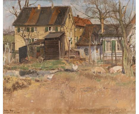   WALTER BERG  1906 Solingen - ?    Gehöft in Solingen     Öl auf Leinwand. 60 x 70,5 cm (R. 74 x 85 cm). Signiert und datier