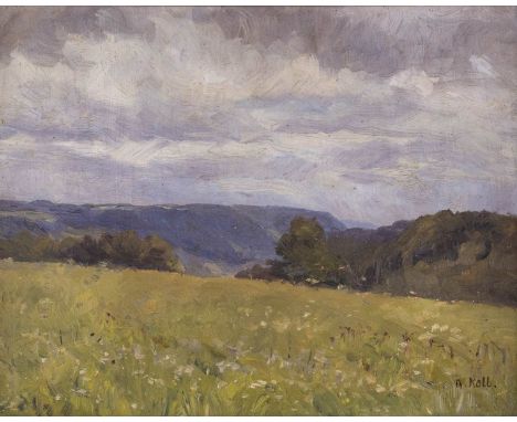   ALOIS KOLB  1875 - 1942    Gemäldepaar: Weite Sommerlandschaft (1), Am Waldrand (2)     Jew. Öl auf Karton. 27 x 35,5 cm (R