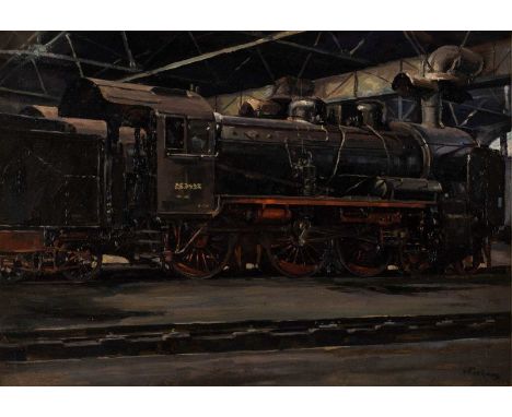   HUGO VON EICKEN  1912 - 1988    Preußische Lokomotive P 8 im Lokschuppen     Öl auf Karton. 48 x 67 cm (R. 57 x 76 cm). Sig