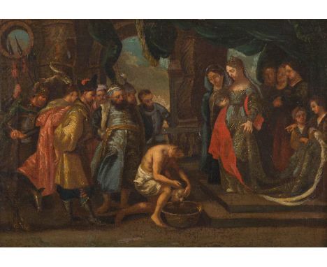   FLÄMISCHER MEISTER  Tätig, 2. Hälfte 17. Jh.    KÖNIGIN TOMYRIS UND DER TOD DES CYROS     Öl auf Leinwand. 41 x 58 cm (R. 5