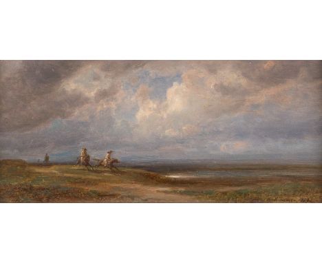   CARL ROBERT KUMMER  1810 Dresden - 1889 ebenda    Reiter in weiter Landschaft     Öl auf Platte. 22 x 48 cm (R. 27 x 53 cm)