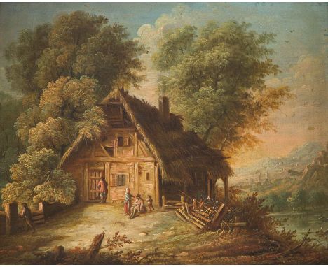   SÜDDEUTSCHE SCHULE  Meister, tätig Mitte 18. Jh.    PAAR GEMÄLDE: LANDSCHAFT MIT BAUERNHAUS UND FIGURENSTAFFAGE     Öl auf 