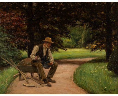   KARL MUMMERT  1879 Solingen - 1964 Düsseldorf    Rastender Gärtner     Öl auf Leinwand. 52 x 66 cm (R. 70 x 84 cm). Signier