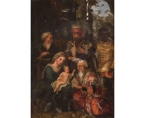   PIETER COECKE VAN AELST (SCHULE)  1502 Aelst - 1550 Brüssel    ANBETUNG DER HEILIGEN DREI KÖNIGE     Öl auf Eichentafel. 42