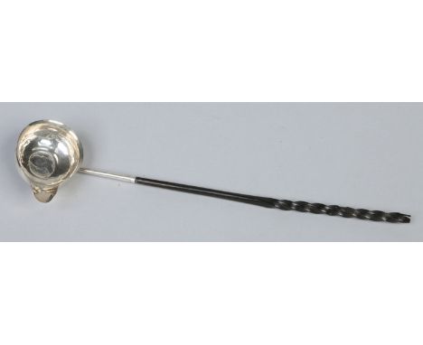A George III silver toddy ladle by John Lambe. With whale bone handle and set to the bowl with a George II shilling. Assayed 