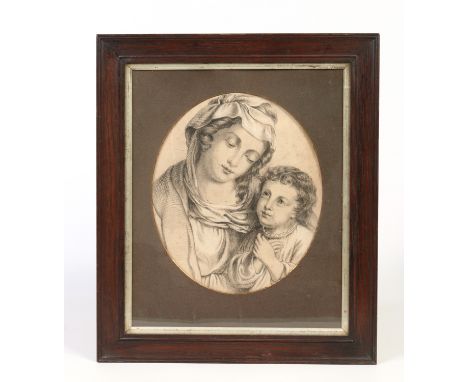 Italian school oak framed pencil drawing. Portrait of a mother and son with oval mount, 34cm x 28cm.  Condition Report. To be