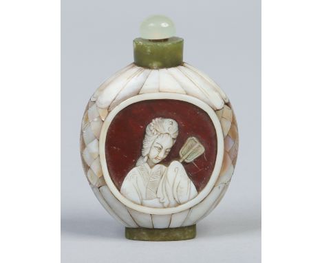 A Chinese jade snuff bottle with mother of pearl overlay decoration including two portrait panels of Geisha, 6.5cm. Condition