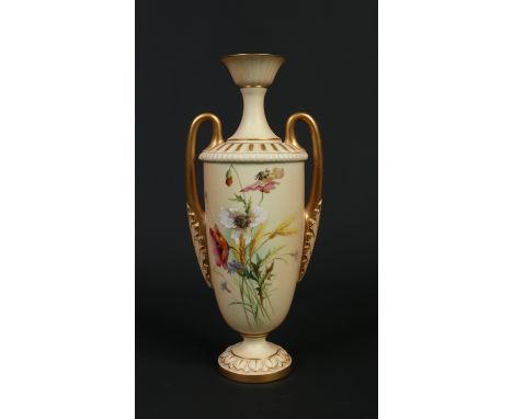 A Royal Worcester twin handled pedestal blush vase. With gilt decoration and painted by Edward Raby with wild poppies. Printe