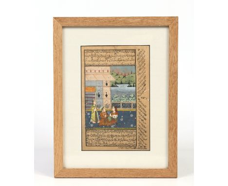 An antique framed Persian manuscript page. Painted in gouache with figures and with text to the front and back, 24.5cm x 16cm
