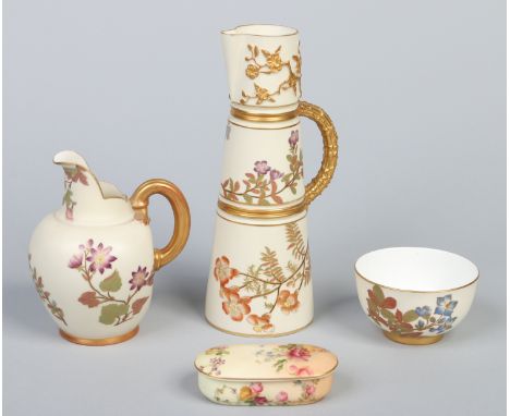 Four pieces of Royal Worcester blush ware decorated with flowers; a tapering ewer with naturalistic handle, a flat back jug, 