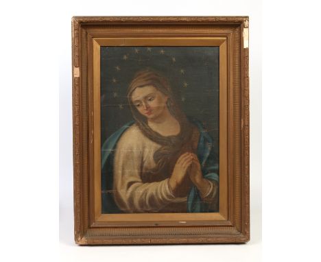An antique Italian school gilt framed oil on canvas, portrait of the Madonna in prayer surrounded by a 12 star halo, 67cm x 4