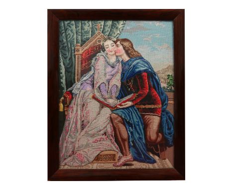 A large Victorian rosewood framed woolwork tapestry depicting a religious scene with figures, 85cm x 65cm. Condition Report. 