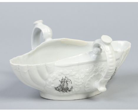 A rare Worcester two handled sauceboat with shell shaped pouring spouts and rococo moulded cartouches, each one printed with 